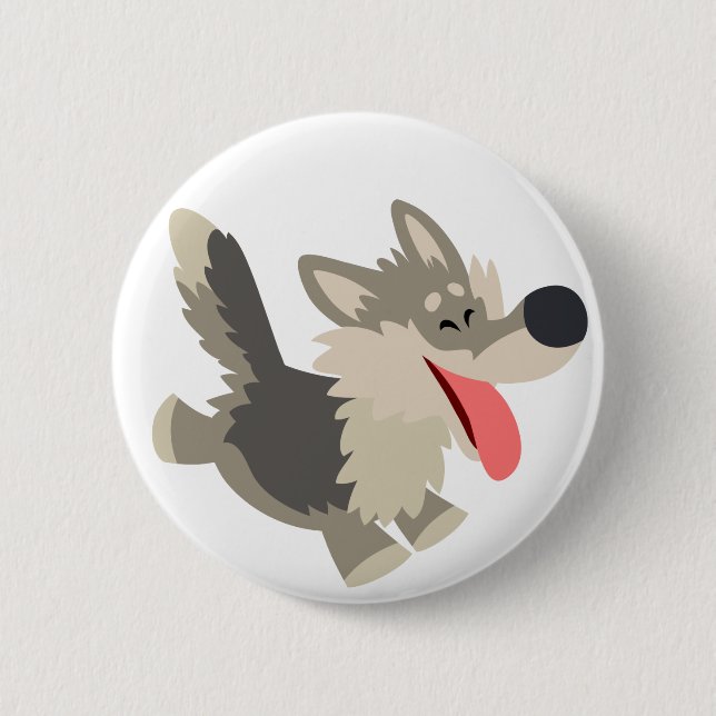 Cute Frolicsome Cartoon Wolf Button Badge (Front)