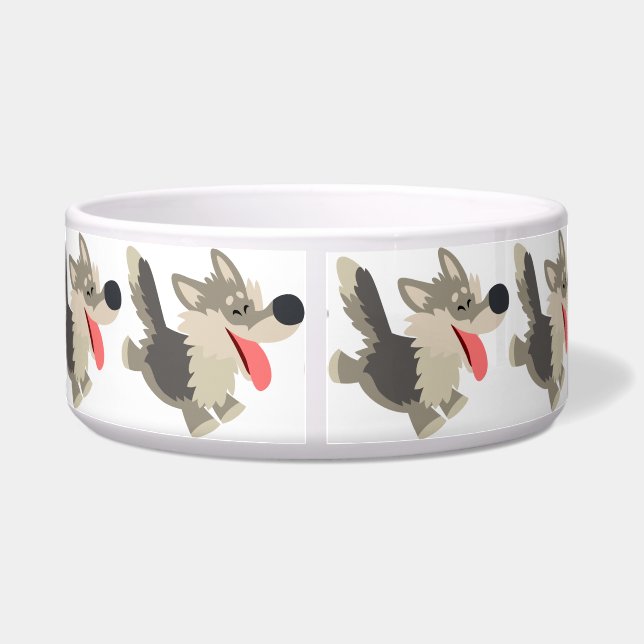 Cute Frolicsome Cartoon Wolf Dog Bowl (Back)