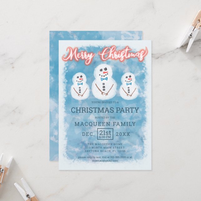 Cute Frosted Snowmen Christmas Party Invitation (Front/Back In Situ)