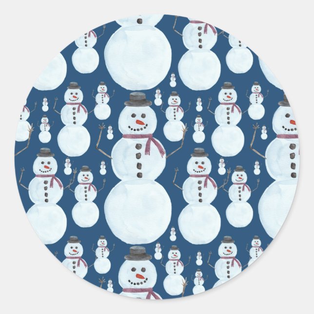 Cute Frosty Blue Snowman Watercolor Pattern Classic Round Sticker (Front)