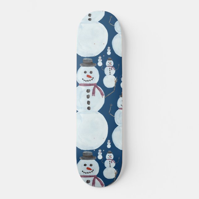 Cute Frosty Blue Snowman Watercolor Pattern Skateboard (Front)