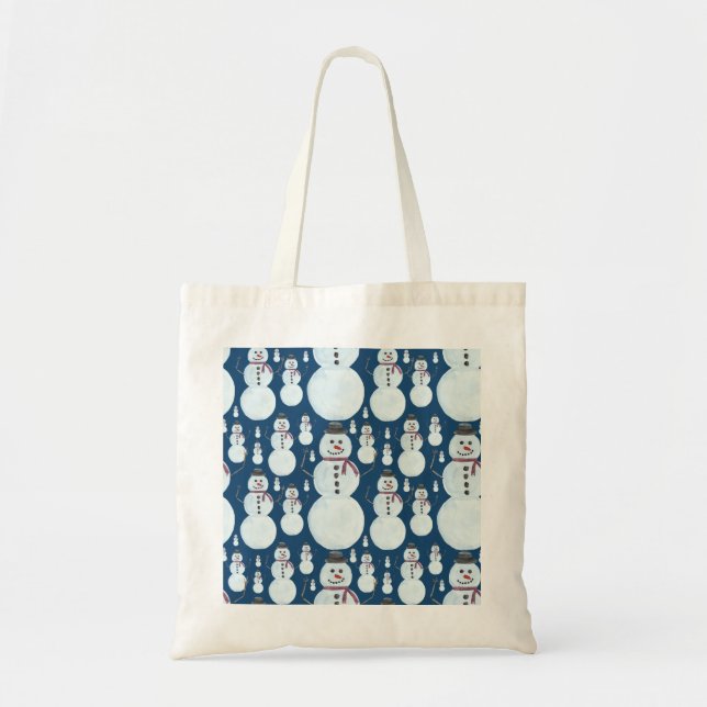 Cute Frosty Blue Snowman Watercolor Pattern Tote Bag (Front)