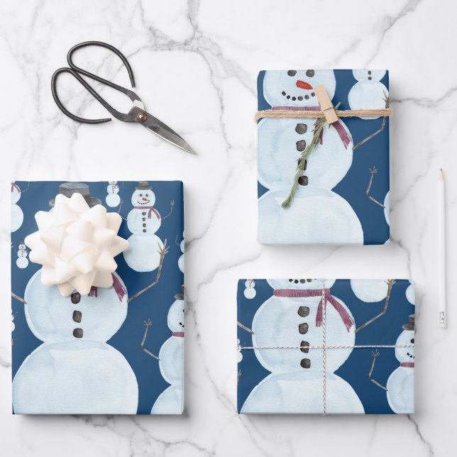 Cute Frosty Blue Snowman Watercolor Pattern Wrapping Paper Sheet (Front)