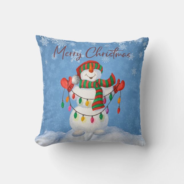 Cute Frosty Snowman Holding Christmas Lights Cushion (Front)