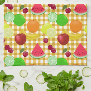 Cute Fruit and Gold Gingham Checks Tea Towel