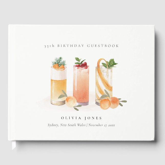 Cute Fruit Cocktail Blush Orange Any Age Birthday Guest Book (Front)