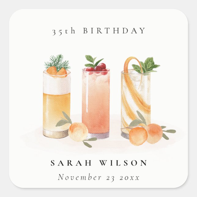 Cute Fruit Cocktail Blush Orange Any Age Birthday Square Sticker (Front)