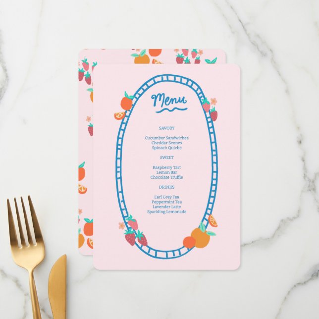 Cute Fruit CUSTOM Bridal Baby Shower Wedding Party Menu (Front/Back In Situ)