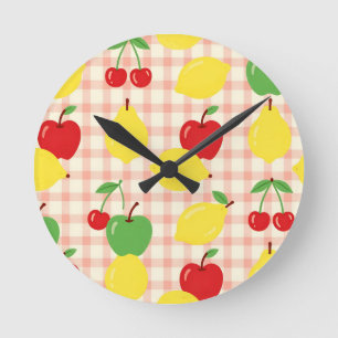 Cute Fruit Gingham Pattern Round Clock
