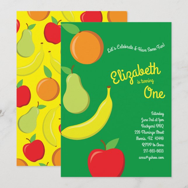 Cute Fruit Kids 1st Birthday Party Apple Banana Invitation (Front/Back)