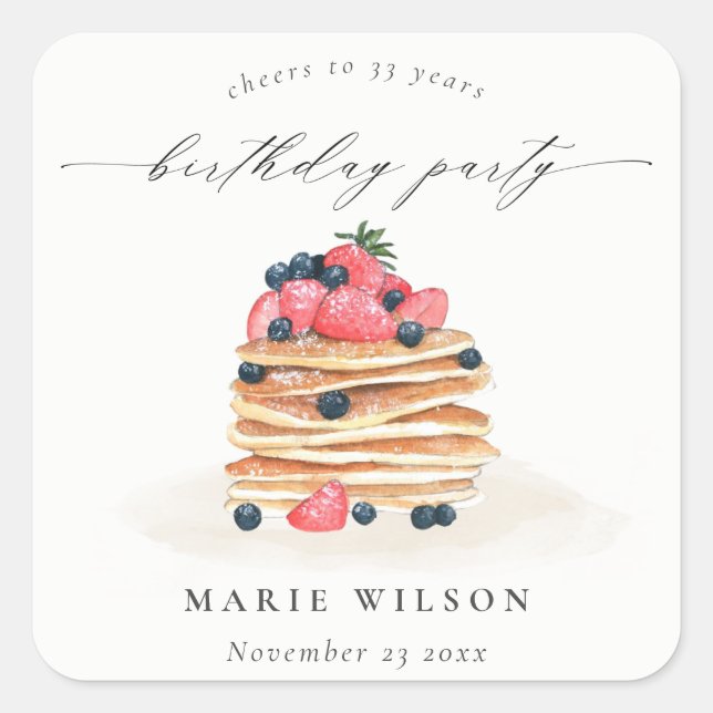 Cute Fruit Pancake Watercolor Any Age Birthday Square Sticker (Front)