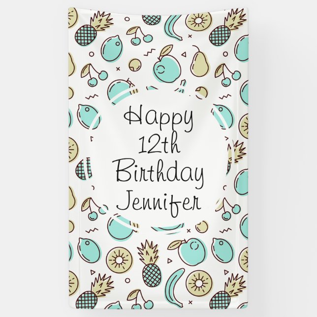 Cute Fruit Pattern Summery Line Drawing Birthday Banner (Vertical)