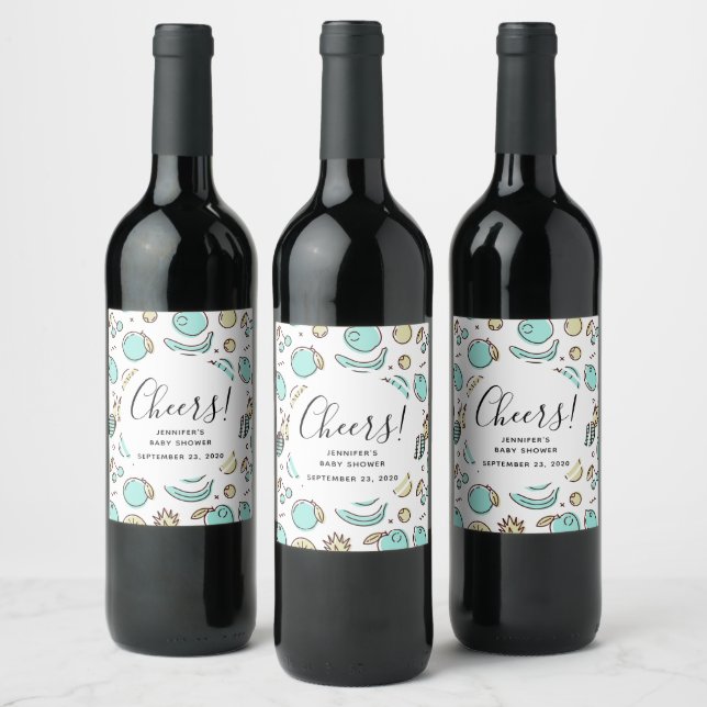 Cute Fruit Pattern Summery Line Drawing Event Wine Label (Bottles)