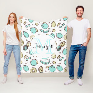 Cute Fruit Pattern Summery Line Drawing Monogram Fleece Blanket