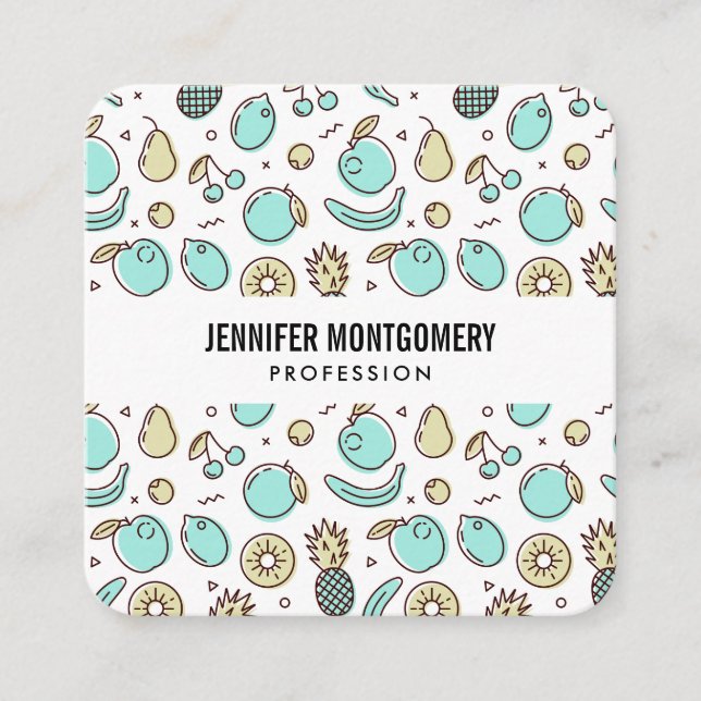 Cute Fruit Pattern Summery Themed Square Business Card (Front)