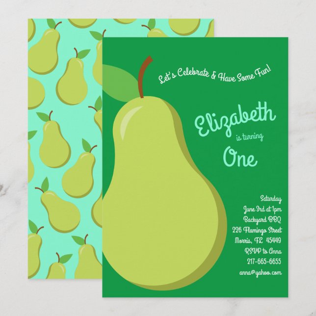 Cute Fruit Pears Kids 1st Birthday Party Invitation (Front/Back)