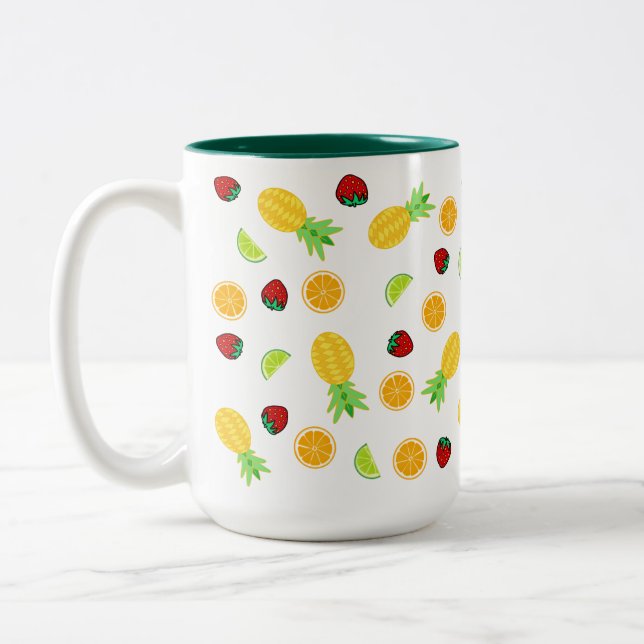 Cute Fruit Pineapple Orange Lime Strawberry Two-Tone Coffee Mug (Left)