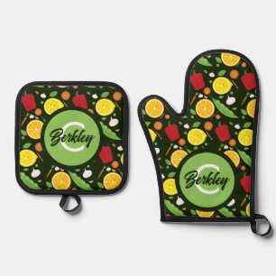  Cute Fruit Vegetable Monogram Food  Oven Mitt & Pot Holder Set