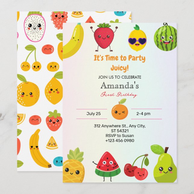 Cute Fruits First 1st Birthday Party Invitation   (Front/Back)