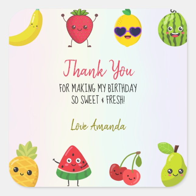 Cute Fruits Thank You Birthday Party First Square Sticker (Front)