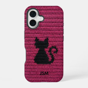 Cute Fuchsia Crochet Cat Custom Initial Monogram iPhone 16 Case