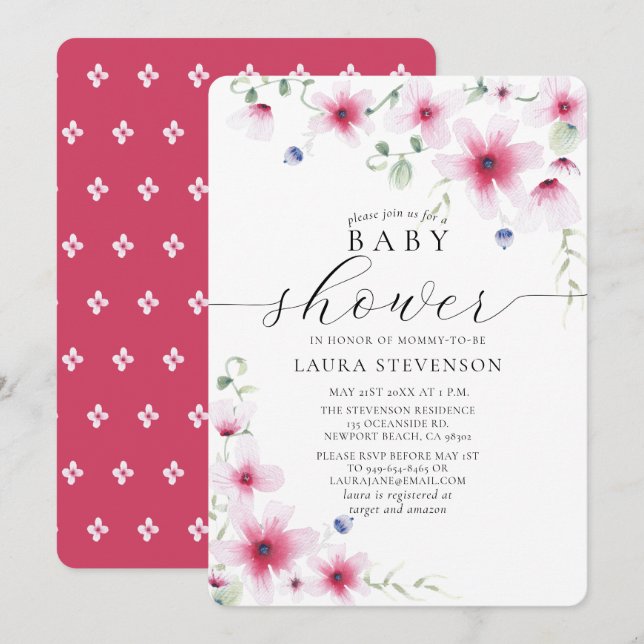 Cute Fuchsia Pink Watercolor Whimsical Flowers Invitation (Front/Back)