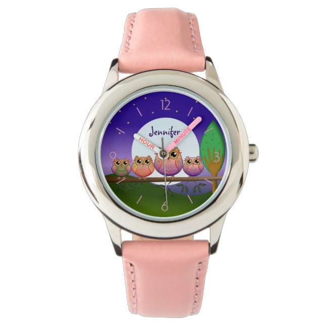 Cute Full Moon owls & custom Name watch (Front)