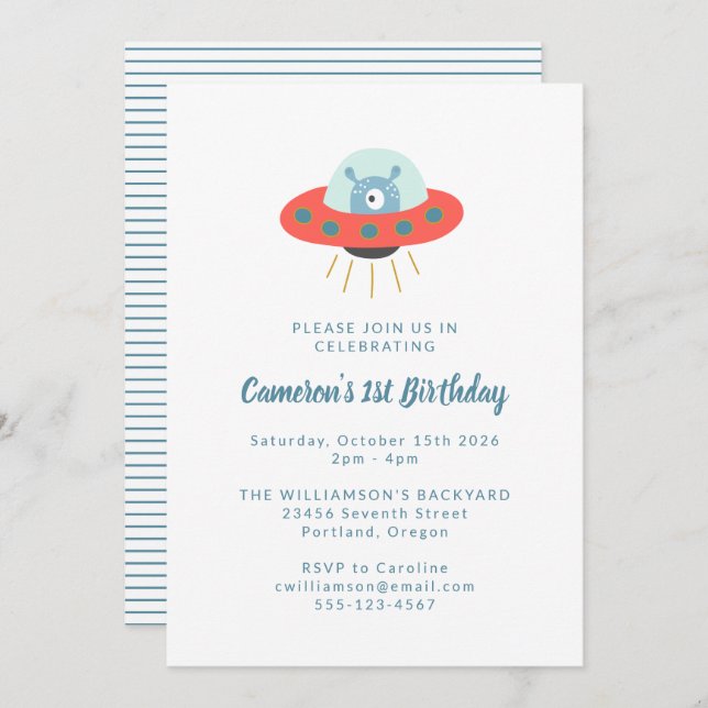 Cute Fun Alien Spaceship 1st Birthday Party Invitation (Front/Back)