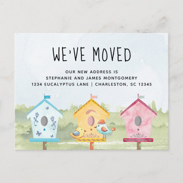 Cute Fun Bird Houses Moving Announcement Postcard (Front)