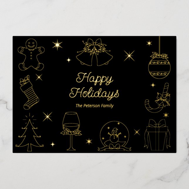 Cute Fun Black Hand Drawn Christmas Gold Foil Holiday Card (Front)