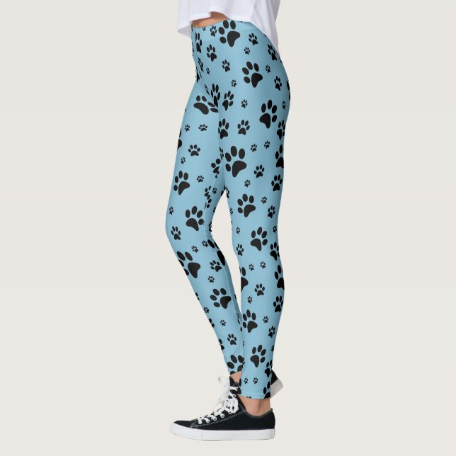 Cute Fun Black on Blue Paw Print Leggings (Left)