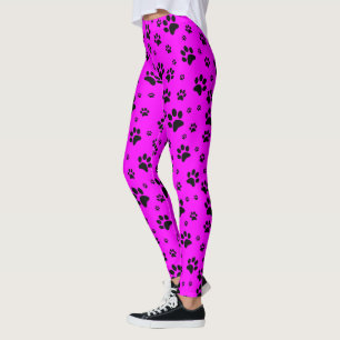 Cute Fun Black on Hot Pink Fuchsia Paw Prints Leggings