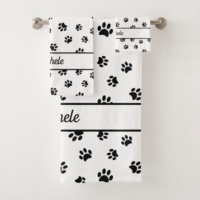 Cute Fun Black Paw Prints Personalised Bath Towel Set (Insitu)