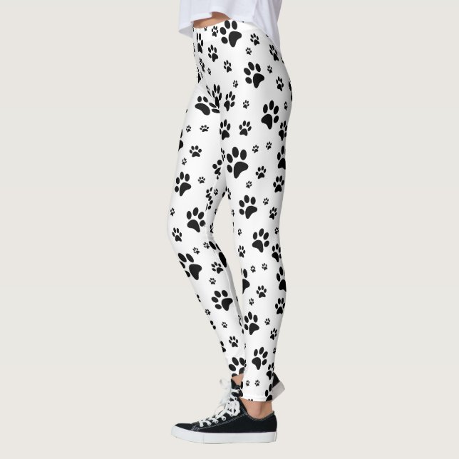 Cute Fun Black & White Paw Print Leggings (Left)