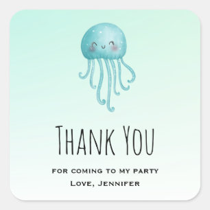 Cute Fun Blue-Green Jellyfish Party Thank You Square Sticker