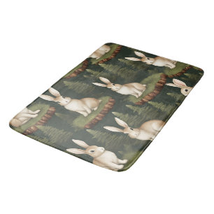 Cute Fun Bunnies On Evergreen Background Bath Mat