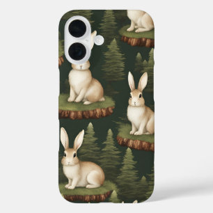 Cute Fun Bunnies On Evergreen Background iPhone 16 Case