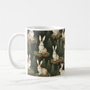 Cute Fun Bunnies On Evergreen Background Coffee Mug
