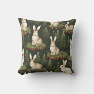 Cute Fun Bunnies On Evergreen Background Cushion