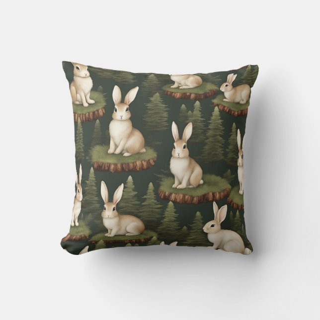 Cute Fun Bunnies On Evergreen Background Cushion (Front)