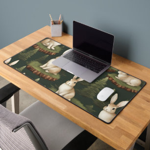 Cute Fun Bunnies On Evergreen Background Desk Mat