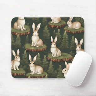 Cute Fun Bunnies On Evergreen Background Mouse Mat