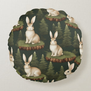 Cute Fun Bunnies On Evergreen Background Round Cushion