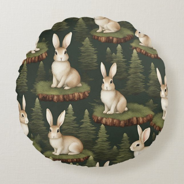 Cute Fun Bunnies On Evergreen Background Round Cushion (Front)