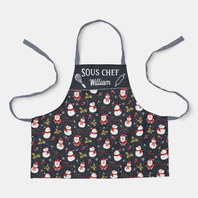 Cute fun cartoon snowman Santa Claus Christmas Apron (Front)