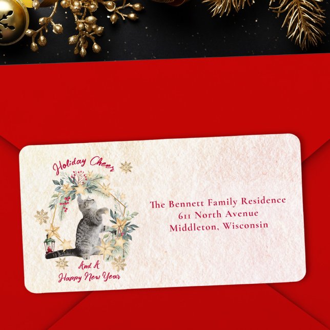 Cute Fun Cat Snowflakes Green Foliage Christmas Label (Creator Uploaded)