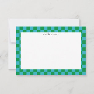 Cute Fun Chequerboard Blue Green Geometric Name Thank You Card