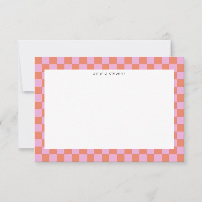 Cute Fun Chequerboard Pink Coral Geometric Name Thank You Card (Front)