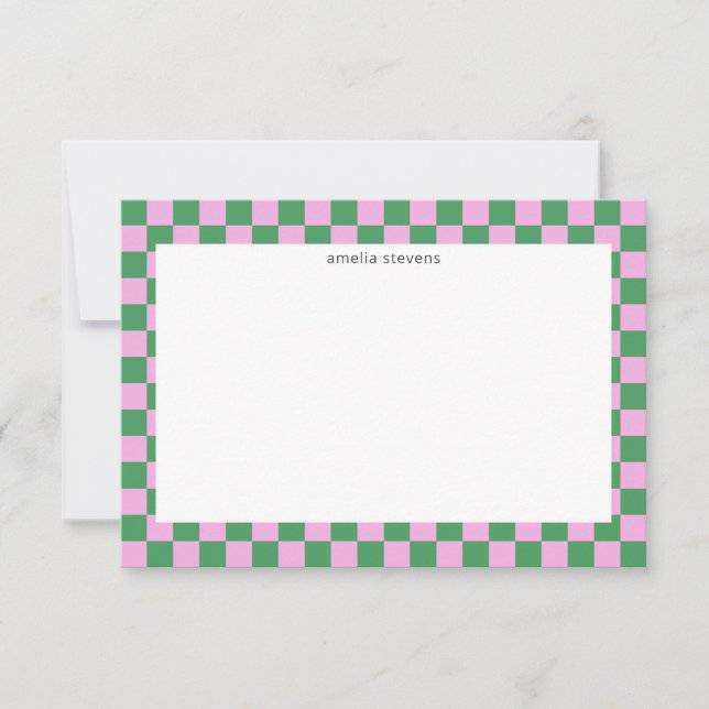 Cute Fun Chequerboard Pink Green Geometric Name Thank You Card (Front)
