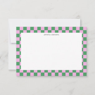 Cute Fun Chequerboard Pink Green Geometric Name Thank You Card